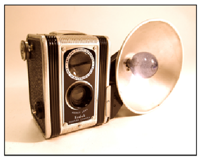 A circa 1948 Kodak Duaflex Camera with flash attachment made by the Eastman Kodak Company of Rochester, NY.