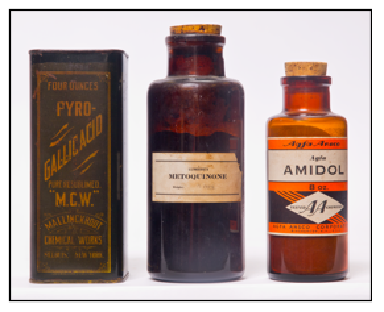 Containers of typical photographic developing agents spanning the period 1839-1892.