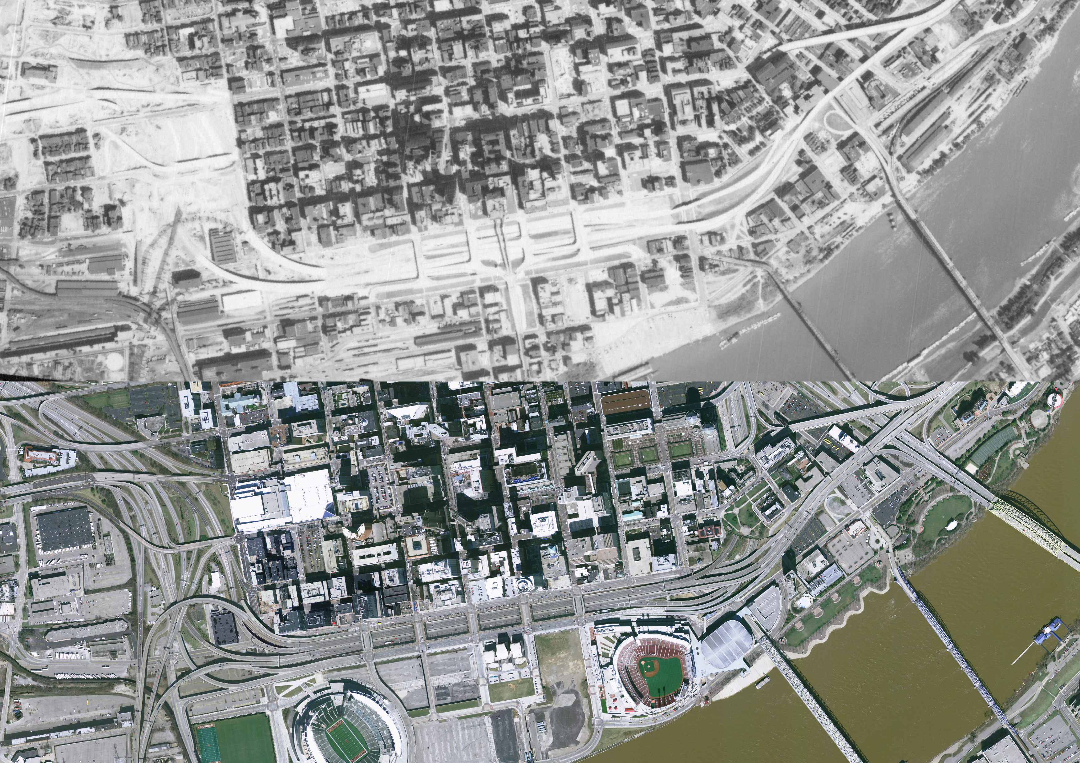 side by side aerial imagery of downtown Cincinnati and the riverfront from 1962 and from 2007