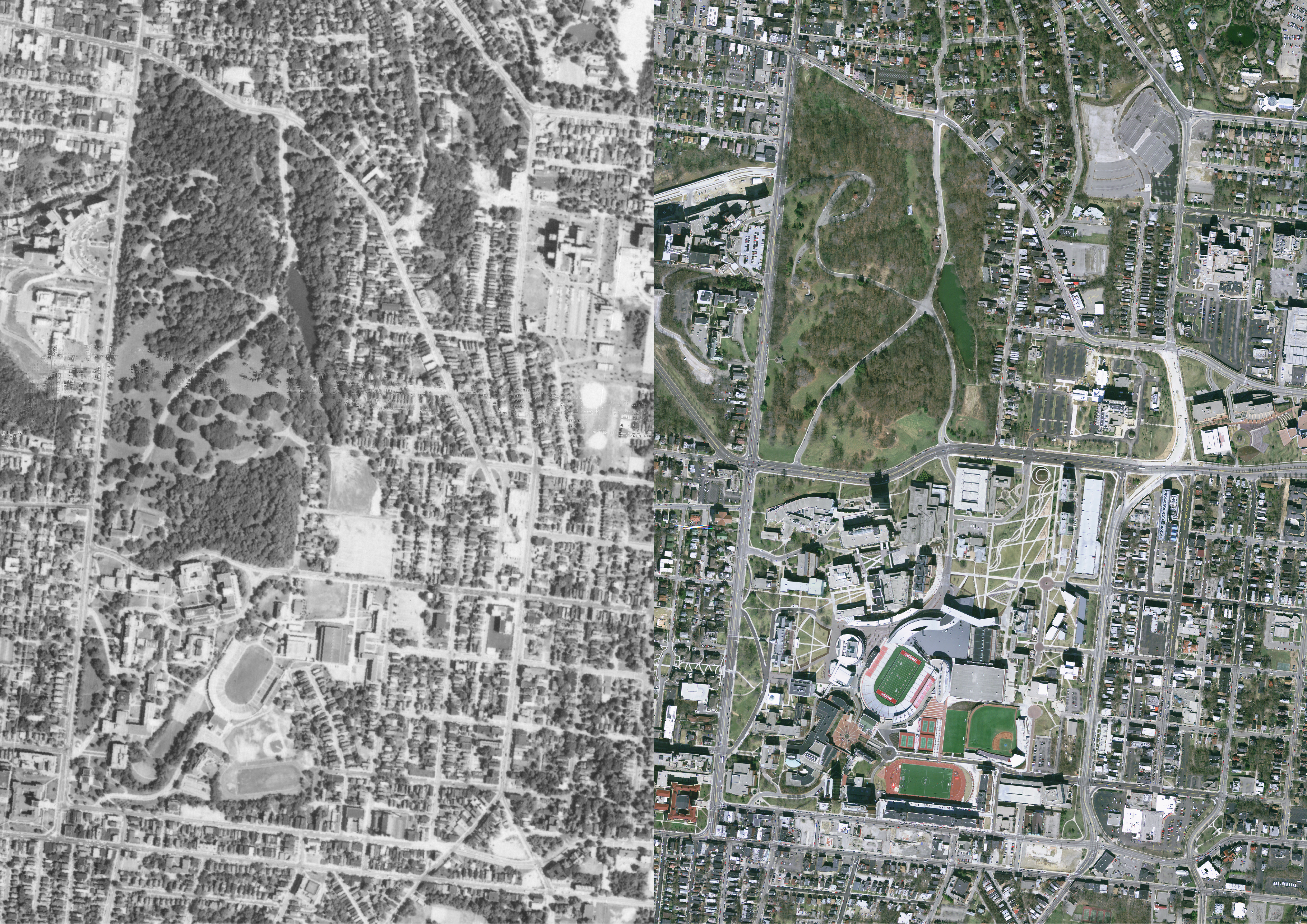 side by side aerial imagery of the UC campus from 1962 and from 2007