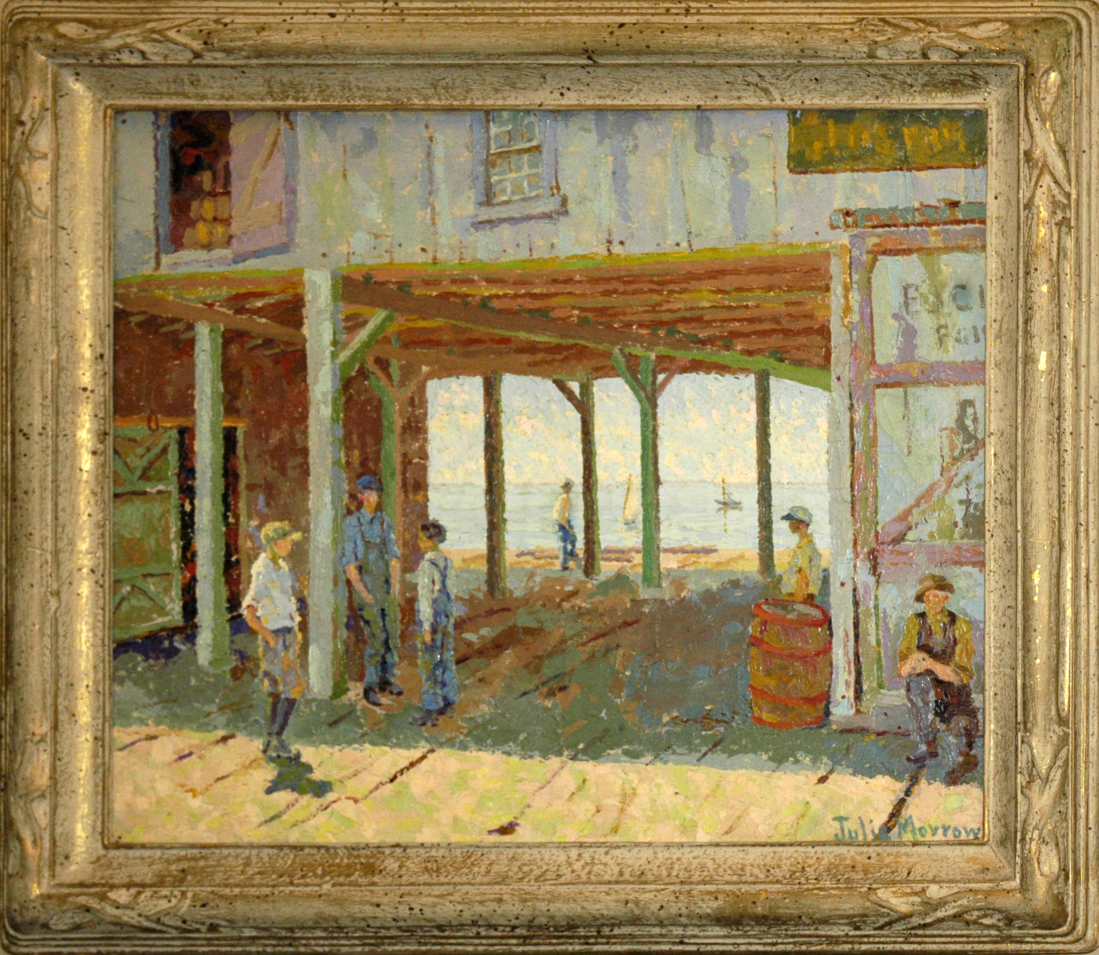 painting of men on a pier