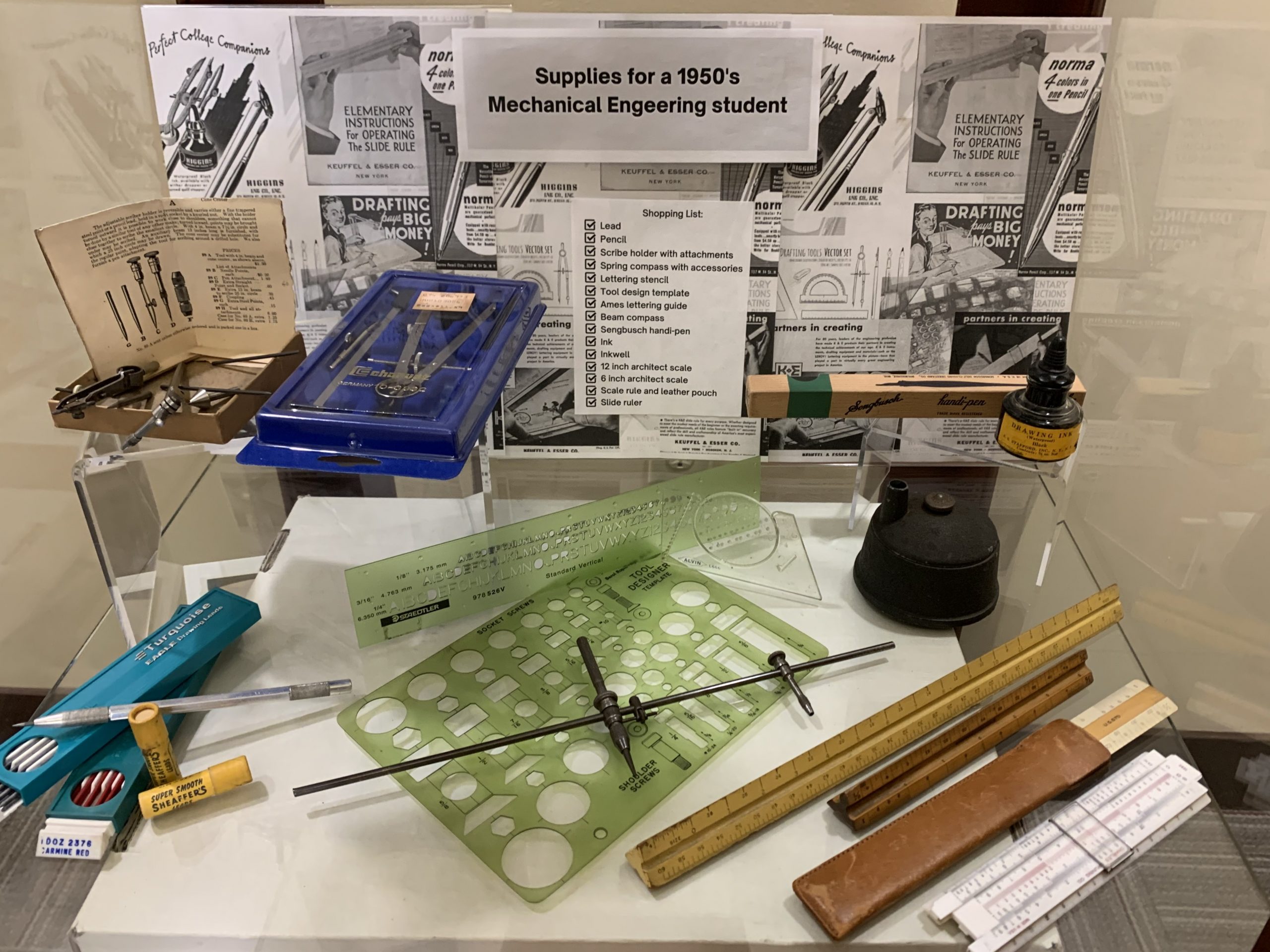 Display of supplies from a 1950's student. 