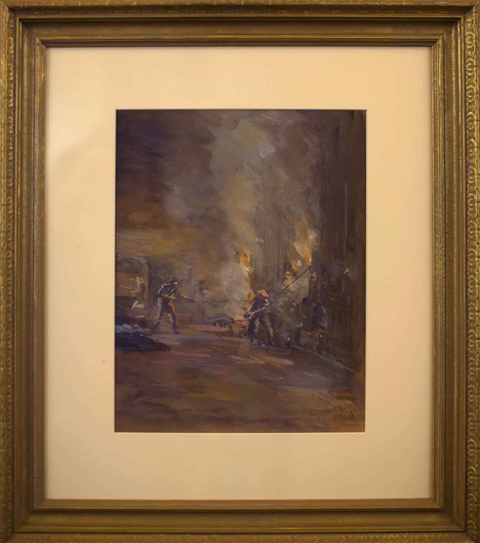 Painting by Vogt of men working at a furnace.