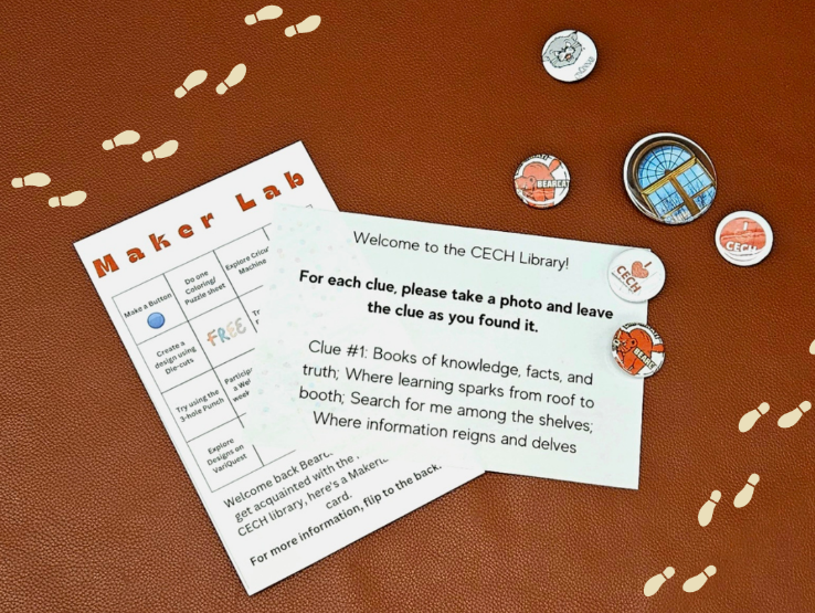 MakerLab BINGO card, a scavenger hunt clue, and various CECH buttons scattered on a brown background.