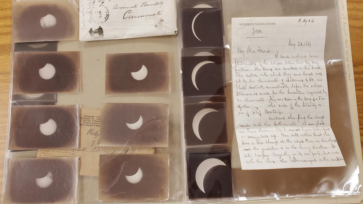 Collection of photographs of an 1869 total solar eclipse along with a handwritten letter.