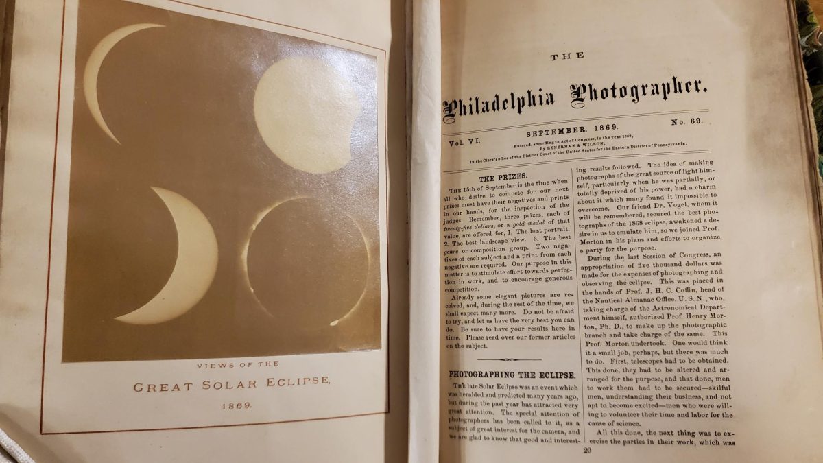 An issue of the magazine, The Philadelphia Photographer open to show images of an 1869 total solar eclipse and and article about the photographs. 