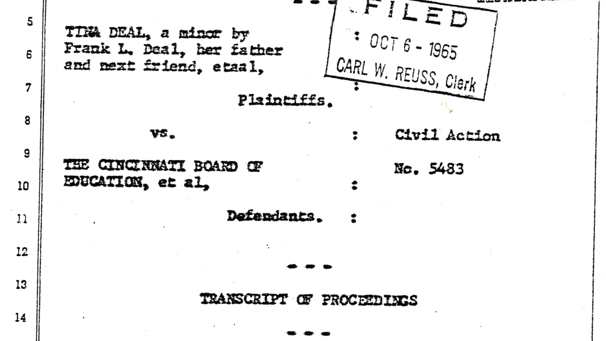 Detail of the first page of the transcript of proceedings in the Deal versus Cincinnati Board of Education lawsuit.