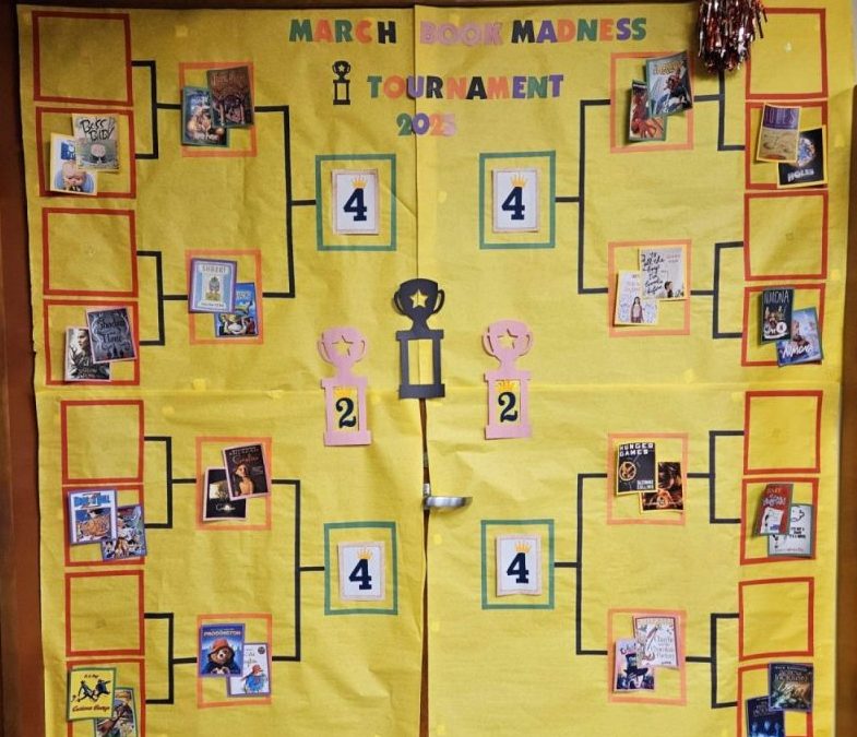 Large yellow poster showing a voting bracket with books and their movie adaptation.