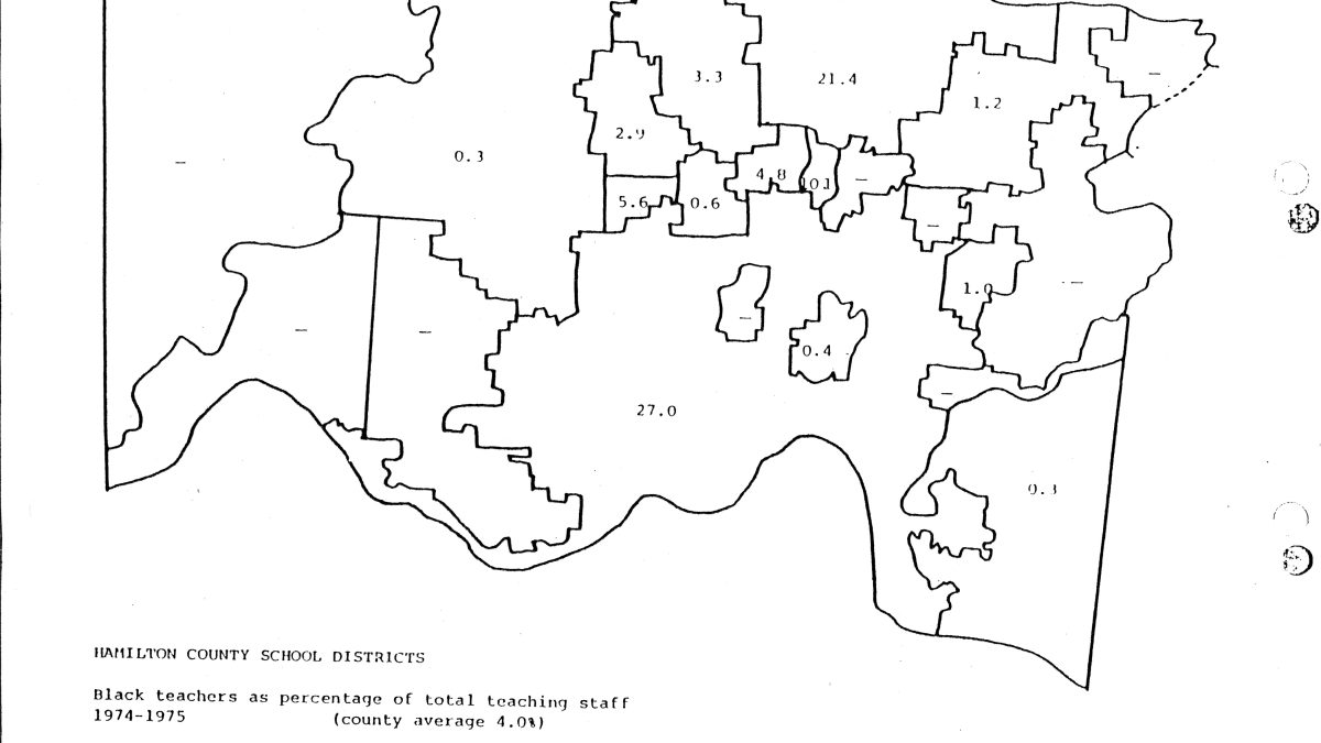 Black and white map of all the Hamilton county school districts with their percent of total black teaching staff from 1974-1975 school year. It mentions the overall county average of 4.0%. The map does not name the school districts.
