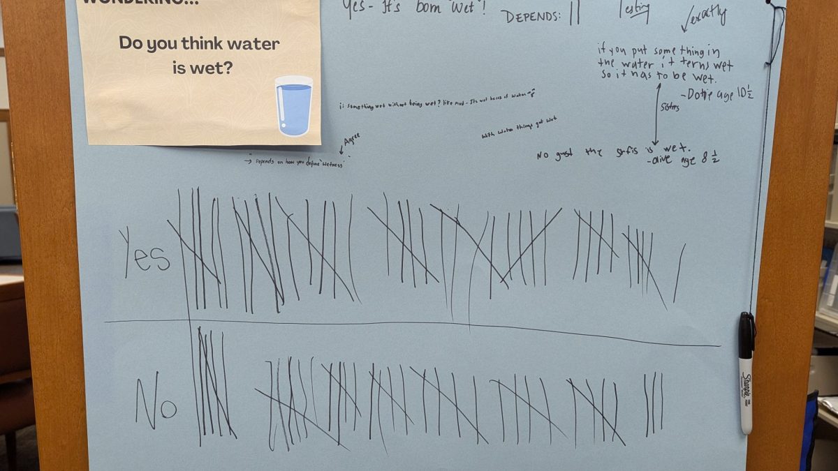 Blue poster titled 'Is water wet?" with tally marks in black ink. Participants could vote 'yes' or 'no'. Some people wrote down explanations.