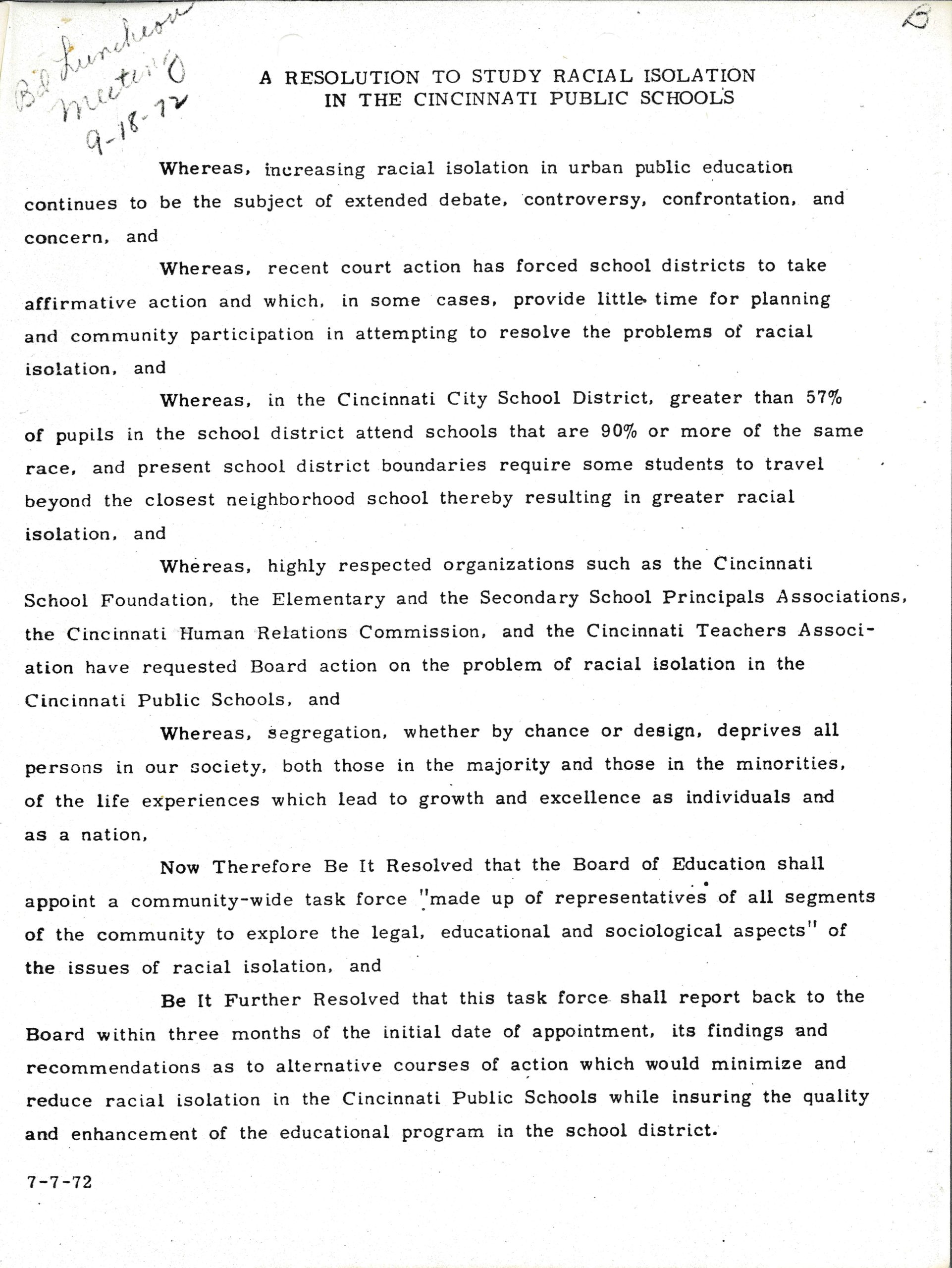 Document titled "A resolution to study racial isolation in the Cincinnati public schools" The document lists out the goals of the resolution and actions that will be carried out by the task force. It is dated July 7, 1972.