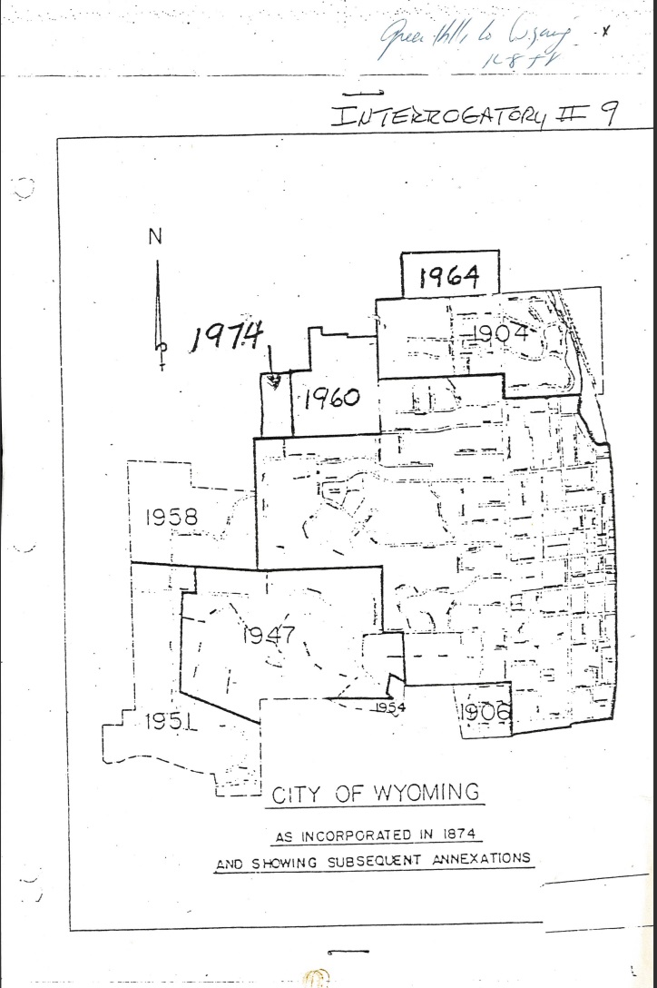 Black and white map of the city of wyoming with boundary lines indicating the annexations of territory from original land territory of 1874 to1904, 1906, 1947, 1951, 1954, 1958, 1960, 1964, and 1974.