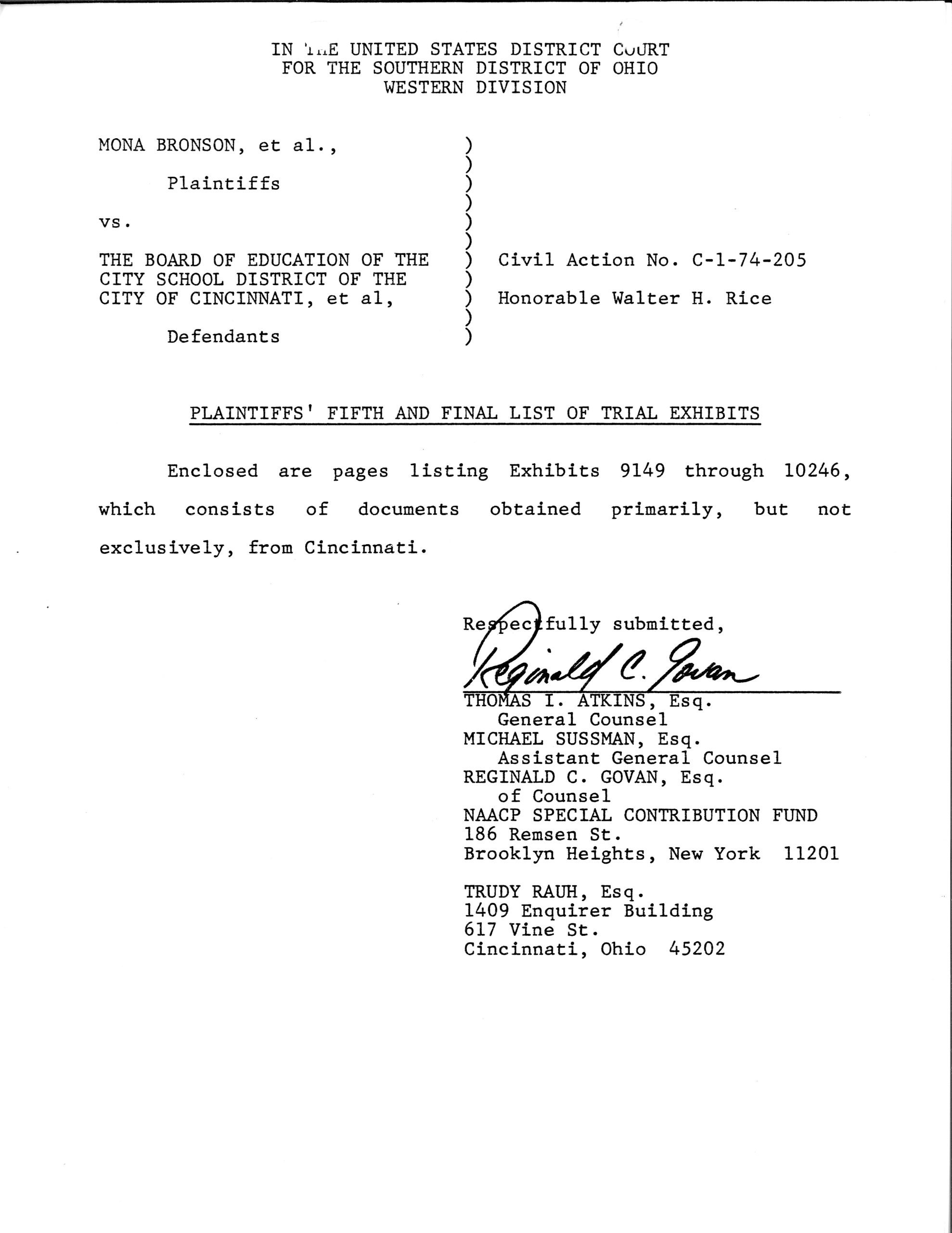 Legal pleading from Bronson v. Board titled "Plaintiffs' Fifth and Final List of Trial Exhibits".