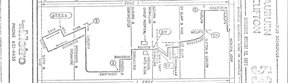 Detailed black and white map of the Auburn/Clifton Metro bus route number 53 with stops listed