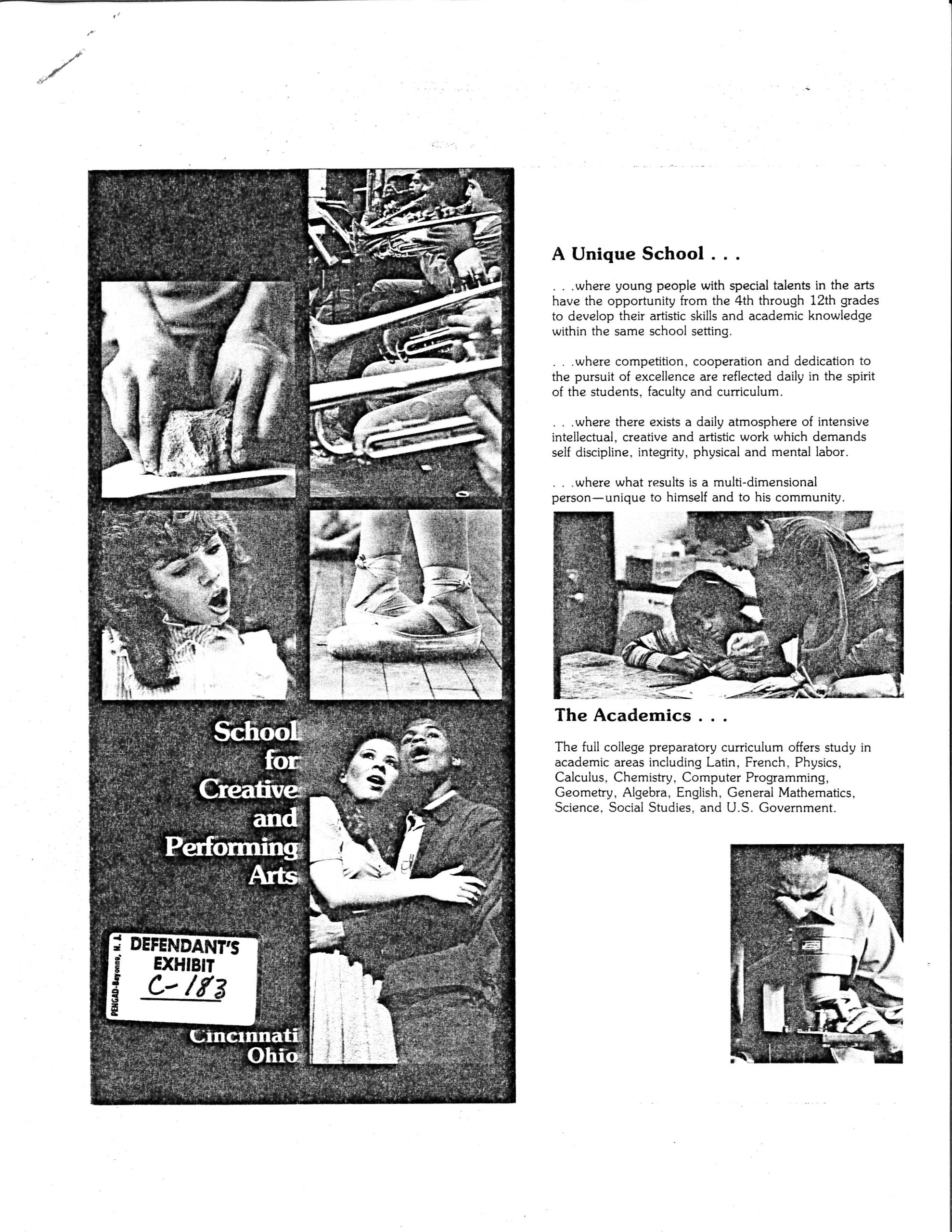 Brochure for the Cincinnati center of performing arts with photos of students dancing, performing, and playing different instruments.
