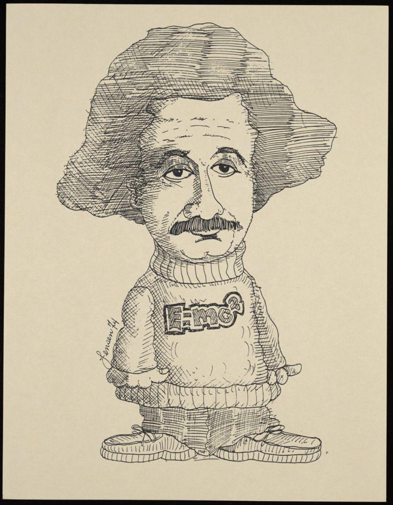 Line drawing caricature of Albert Einstein wearing a sweater that says "E=mc(2)" on the front