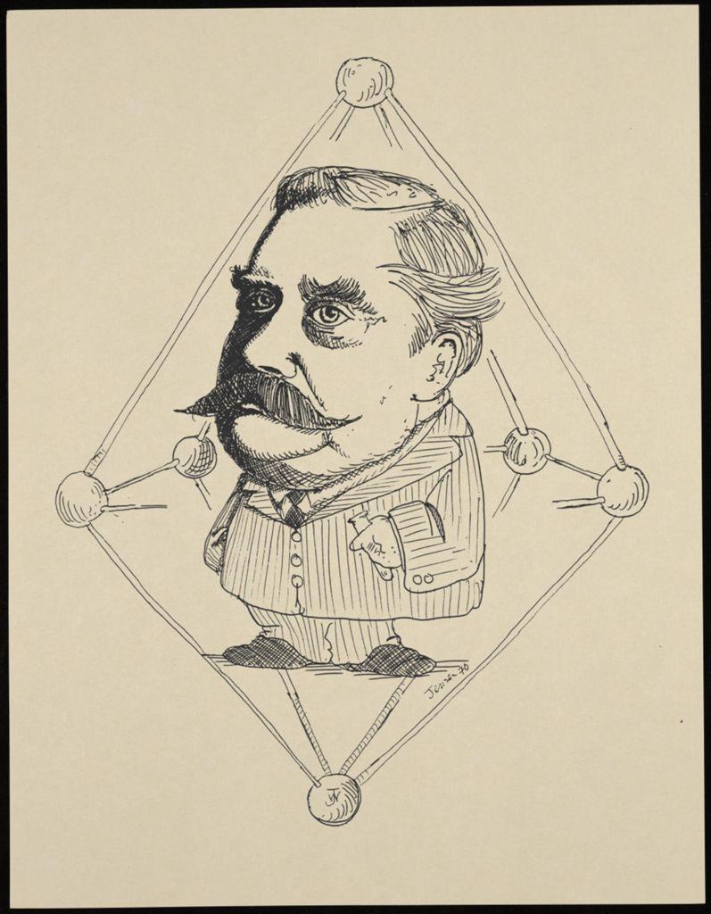 Line drawing caricature of Alfred Werner standing in the middle of a giant three-dimensional chemical structure.
