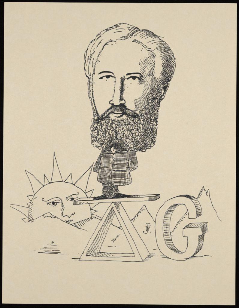 Line drawing caricature of Friedrich Wilhelm Ostwald balancing on a delta G-shaped teeter-totter while the sun rises above the mountaintops behind.
