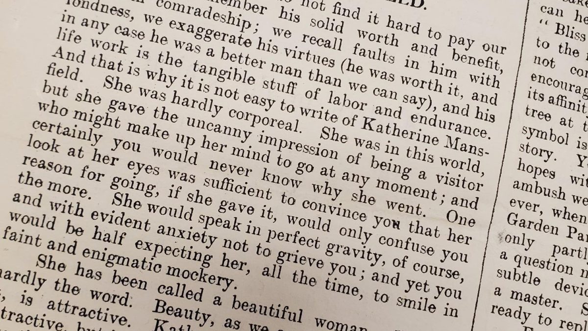 Printed obituary from a newspaper for the author Katherine Mansfield.