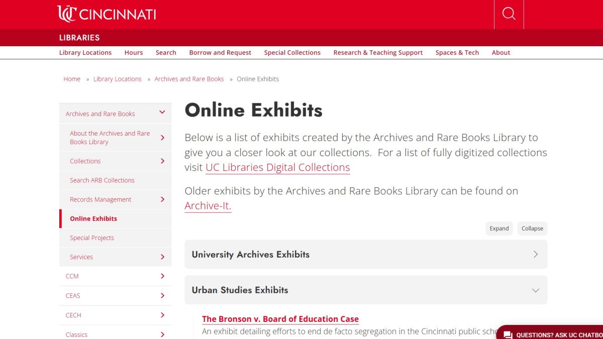 Screenshot of computer screen of where to find the Bronson digital exhibit under the Online Exhibit header on ARB's website.