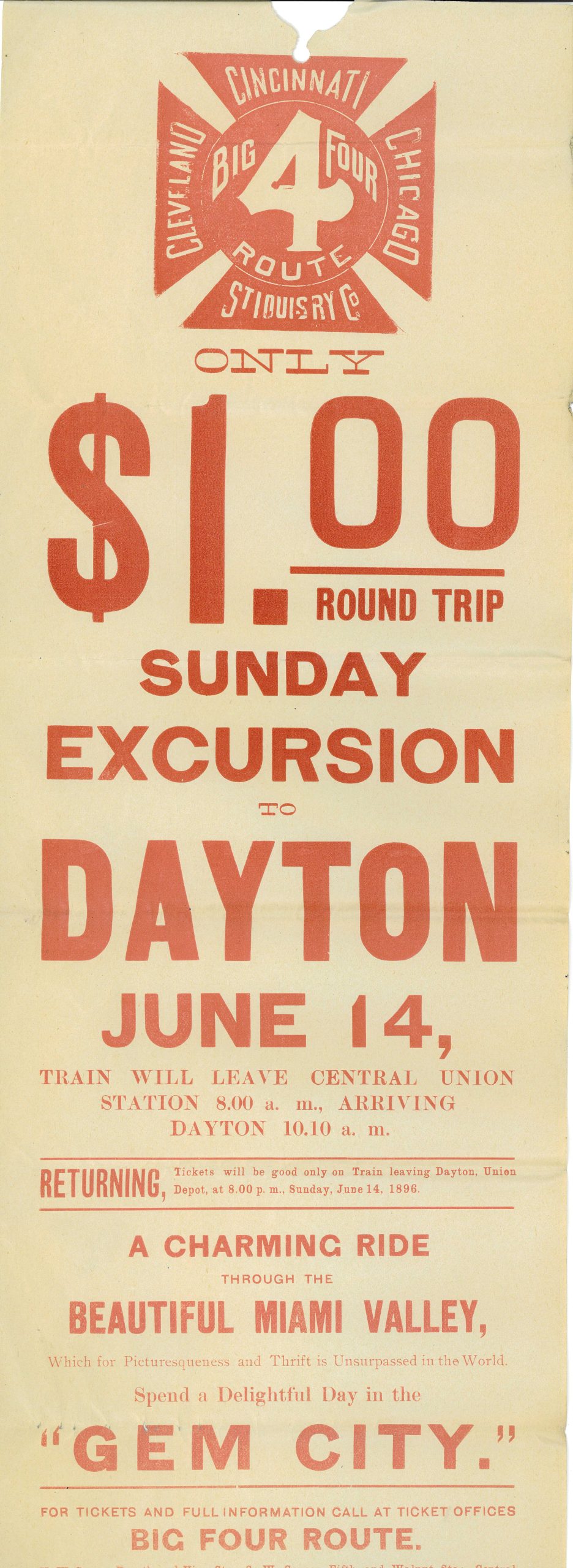 Poster advertising a $1 fare on the Big 4 Route Railroad excursion to Dayton, Ohio. 
Undated 