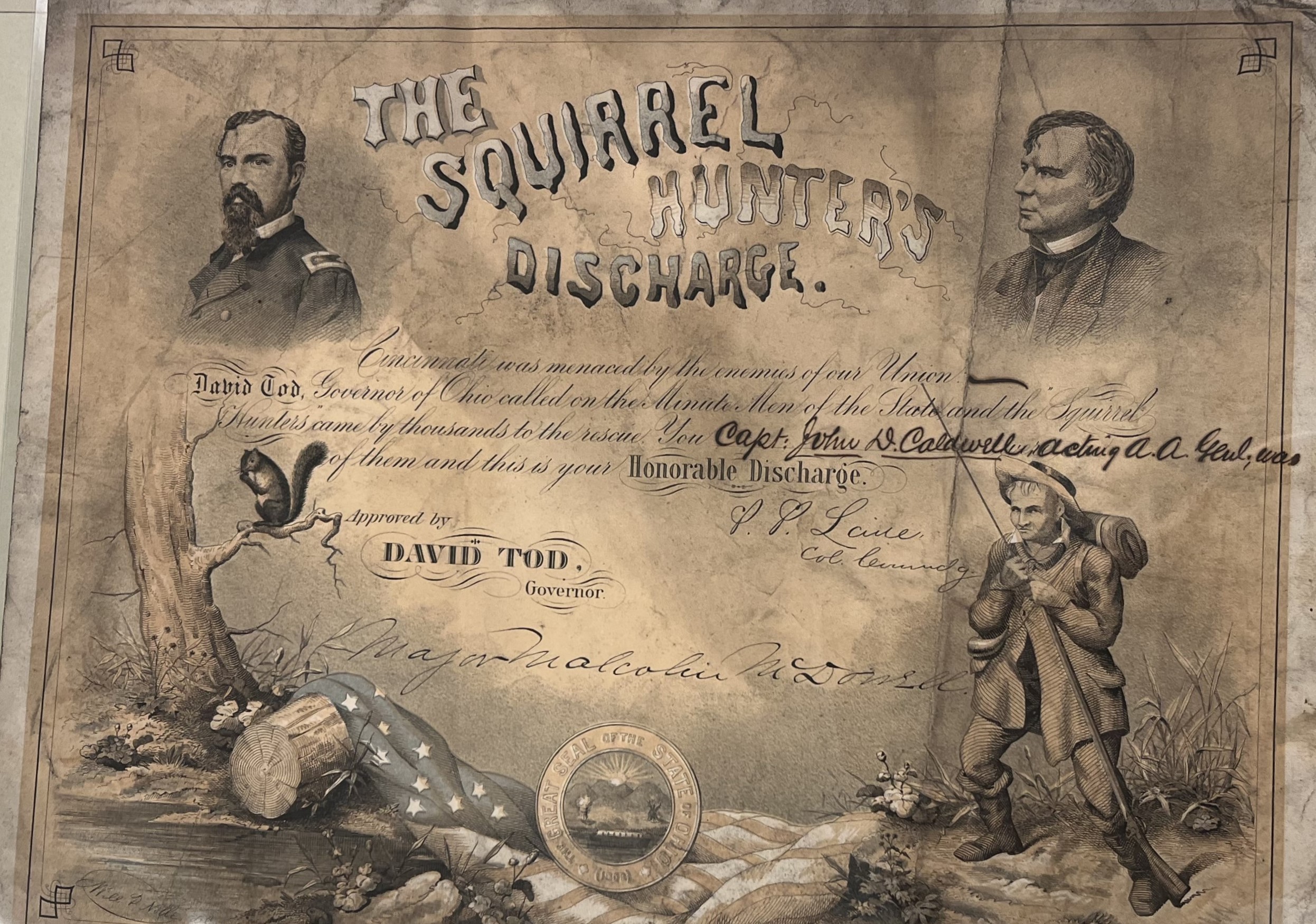 "Squirrel hunter's discharge" certificate awarded to Caldwell on September 8, 1862