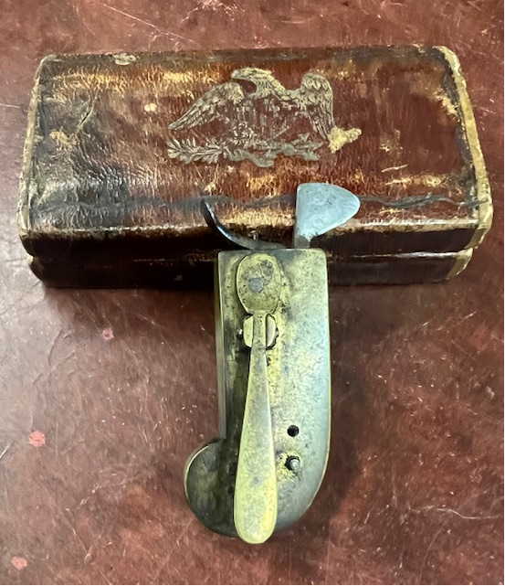 brass lancet (bloodletting device) and wood case, circa 1860