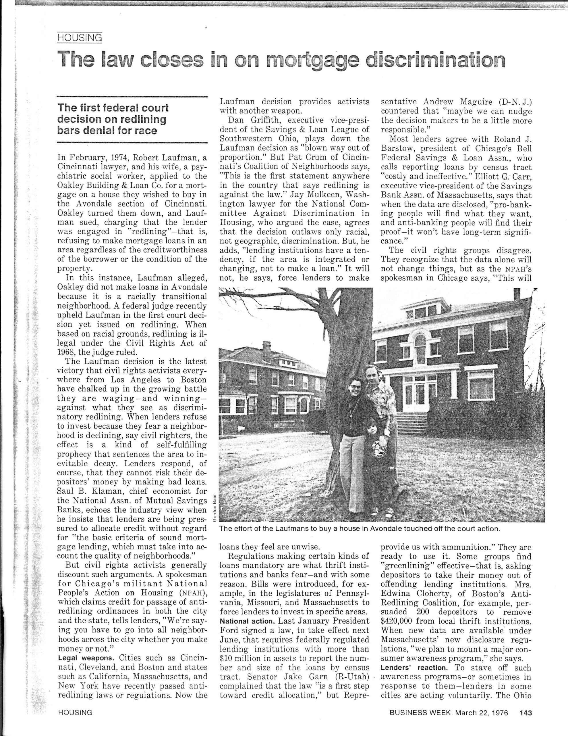Scan of Business Week magazine page 143 featuring an article "The law closes in on mortgage discrimination" which details Robert Laufman's court case Laufman v. Oakley Building and Loans with a photograph of Laufman, his wife, and his son infront of his home in March 1976.