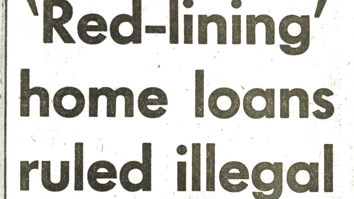 Cincinnati Post heading on February 19. 1976 on redlining become illegal from case Laufman v. Oakley Building and Loan Co.