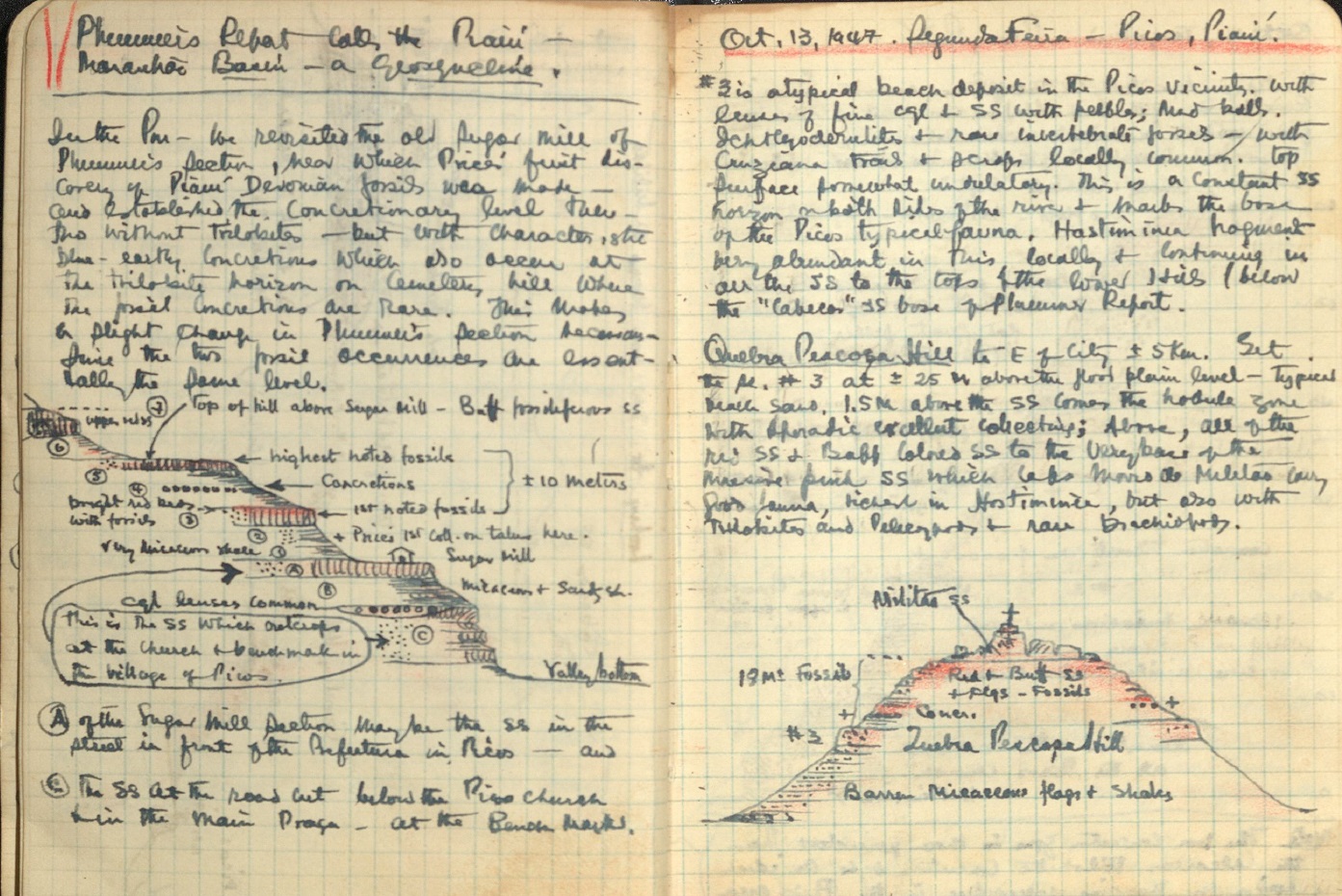Photograph of Kenneth Caster's field notebook pages when he visited Colombia on a fellowship showing his notes and illustrations