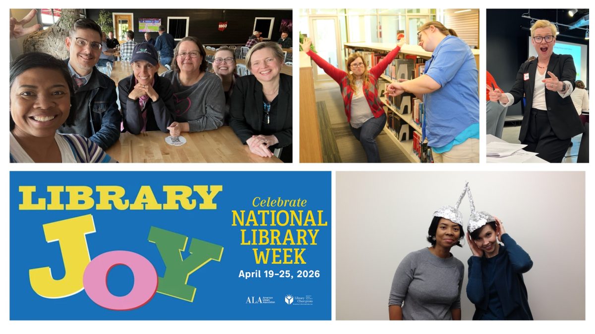 Photo collage of UCBA Library faculty, staff, students and visitors expressing joy in the UCBA Library. 