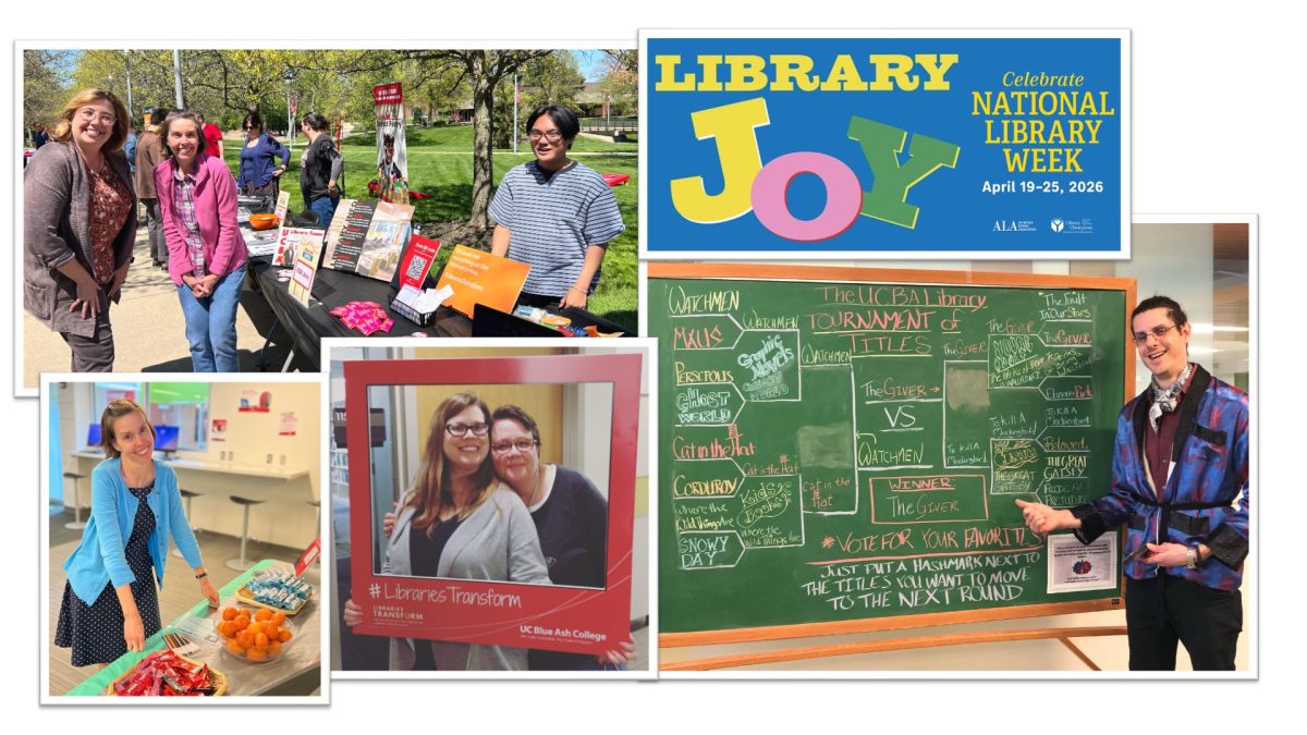 Photo collage of UCBA Library faculty, staff, students and visitors expressing joy in the UCBA Library. 