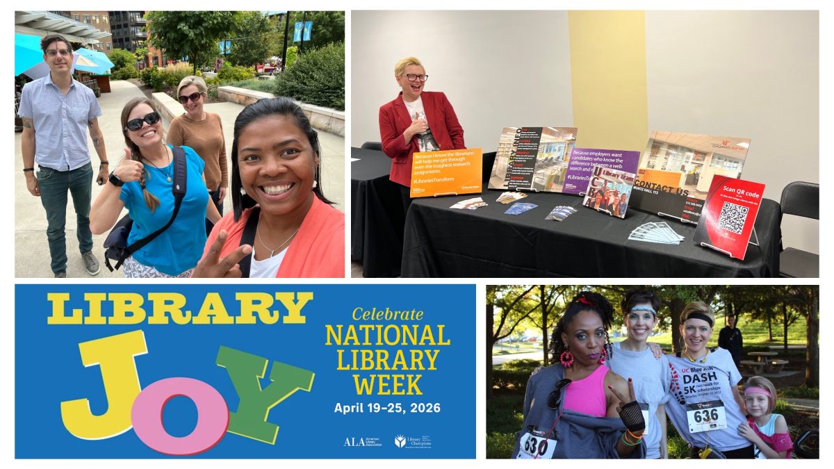 Photo collage of UCBA Library faculty, staff, students and visitors expressing joy in the UCBA Library. 