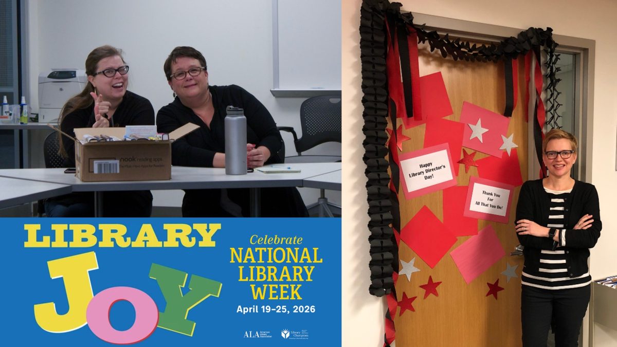 Photo collage of UCBA Library faculty, staff, students and visitors expressing joy in the UCBA Library. 