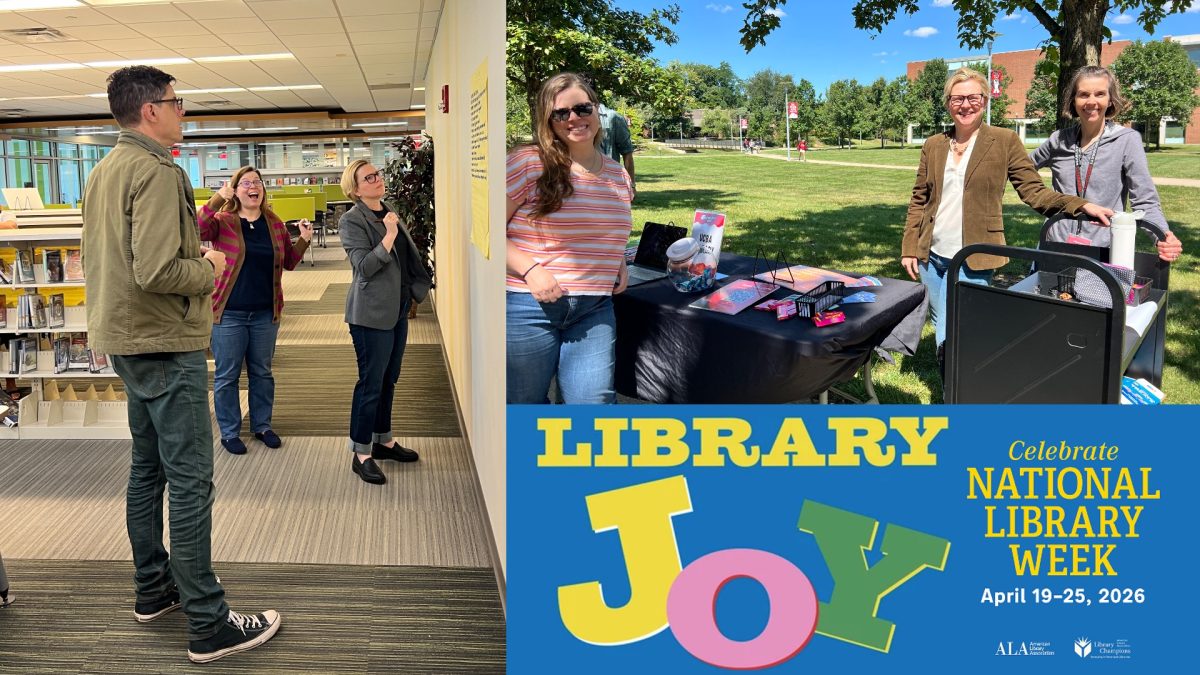 Photo collage of UCBA Library faculty, staff, students and visitors expressing joy in the UCBA Library. 