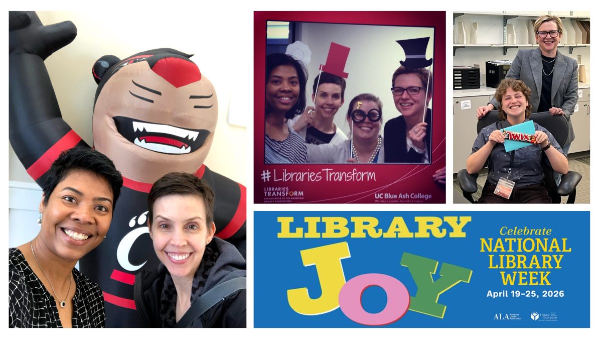 Photo collage of UCBA Library faculty, staff, students and visitors expressing joy in the UCBA Library. 