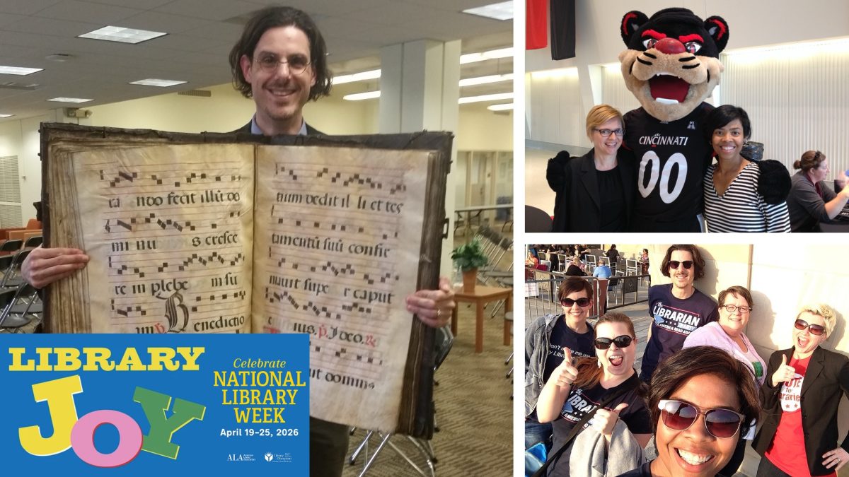 Photo collage of UCBA Library faculty, staff, students and visitors expressing joy in the UCBA Library. 