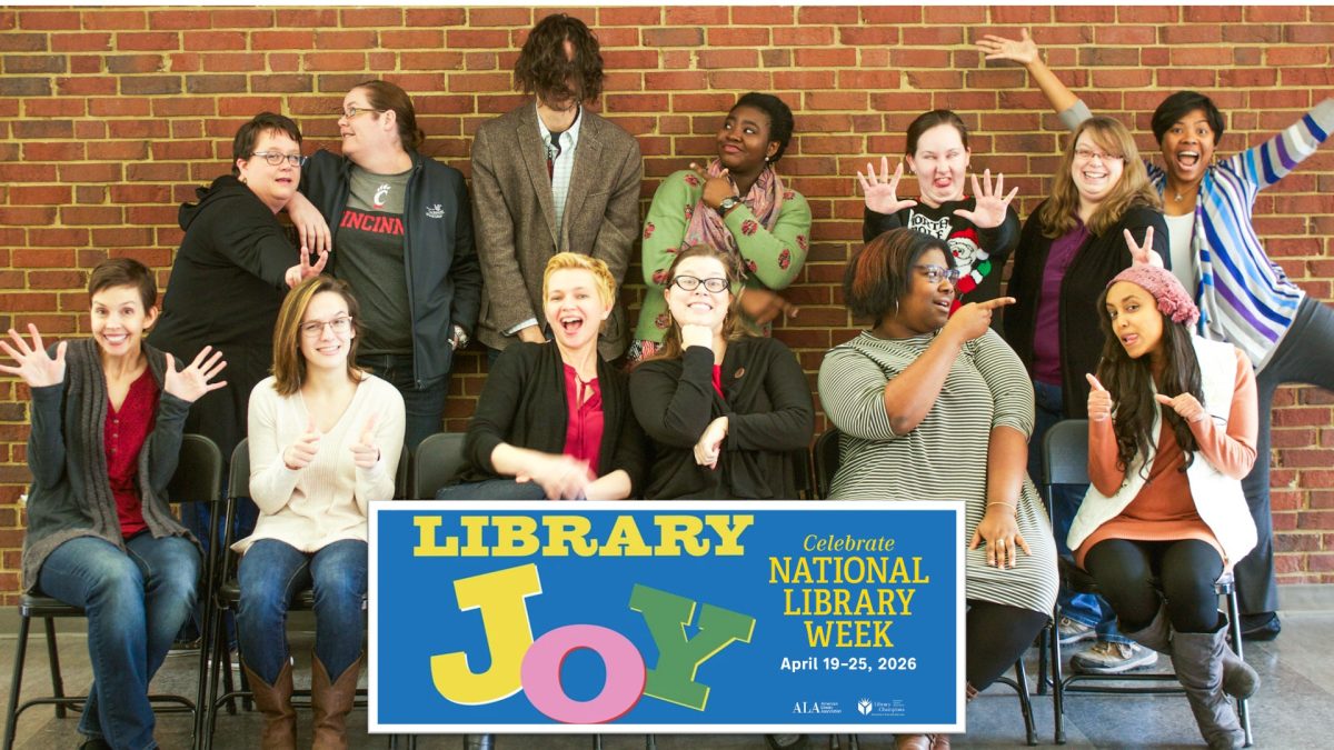 UCBA Library faculty, staff and students making silly faces and poses.