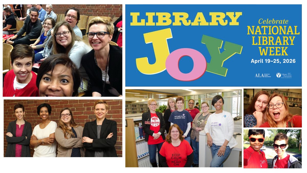 Photo collage of UCBA Library faculty, staff, students and visitors expressing joy in the UCBA Library. 