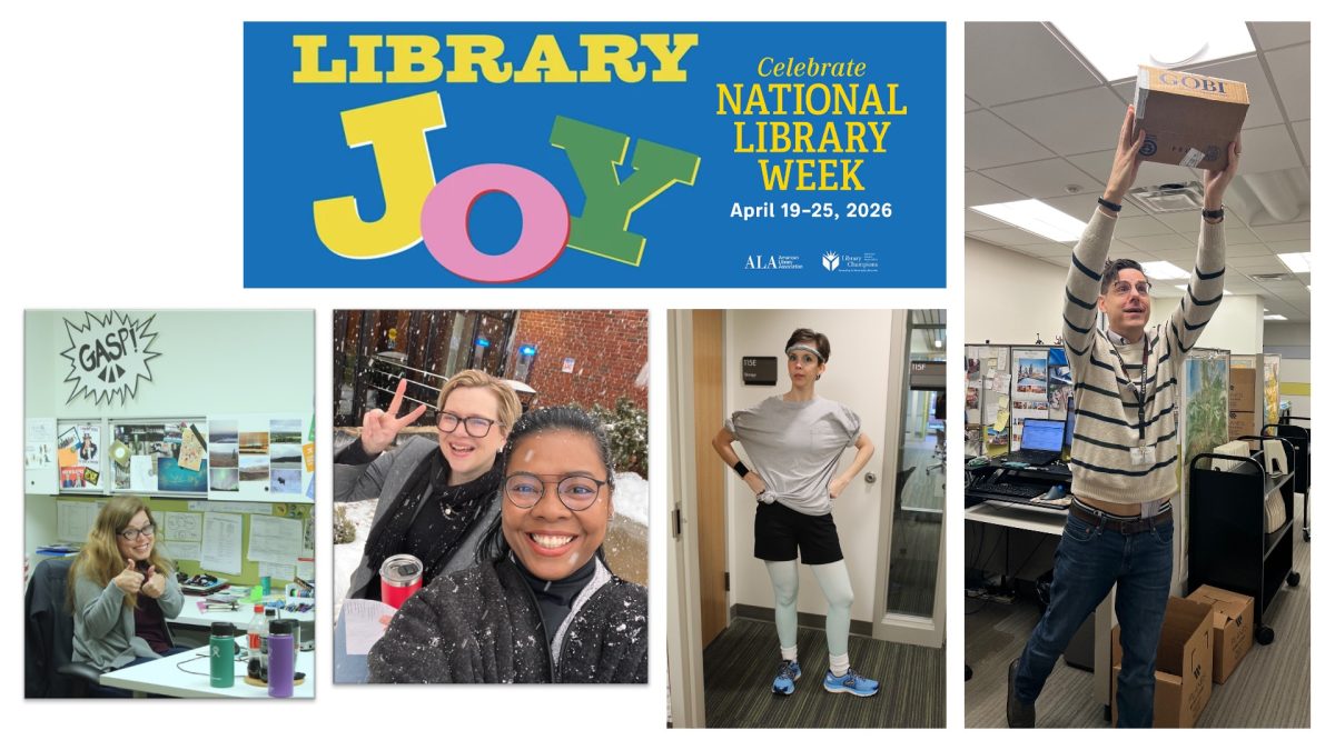 Photo collage of UCBA Library faculty, staff, students and visitors expressing joy in the UCBA Library. 