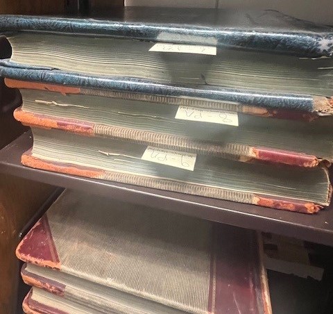 Saint Mary's Hospital Collection oversize ledgers.  The ledgers are bound in leather or brown corduroy fabric edged in leather.