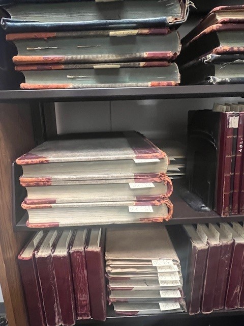 Saint Mary's Hospital Collection ledgers.  The ledger's bindings are made from leather or brown corduroy fabric with leather edging.