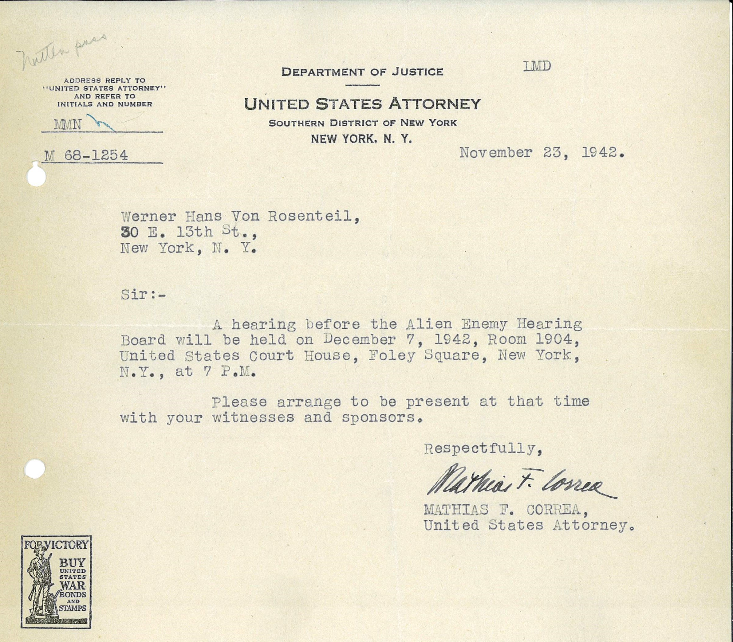 Scan of letter sent to Von Rosenstiel from the United States Attorney with a hearing before the Alien Enemy Hearing Board scheduled. Letter dated November 23, 1942