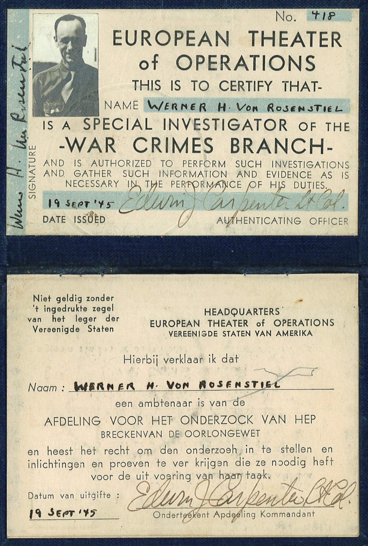 Scan of Von Rosenstiel's War Crimes Branch investigator badge with translation in German.