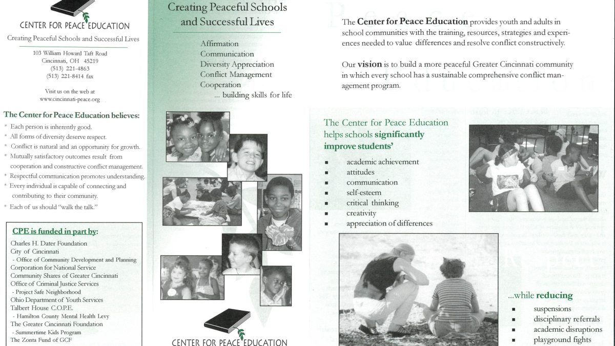 Informational pamphlet for the Center for Peace Education non profit