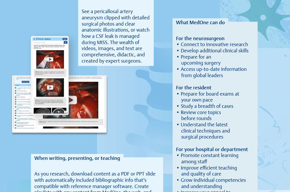 image snippets of different types of MedOne Neurosurgery content, including a video clip of a surgical procedure for aneurysm.