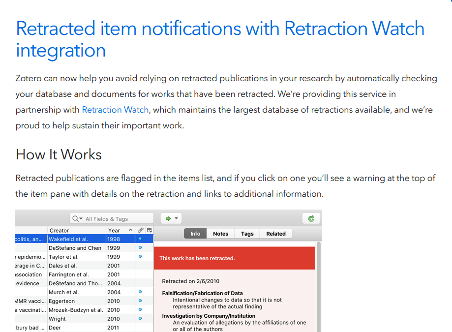 image of retracted item flagged within Zotero's citation manager