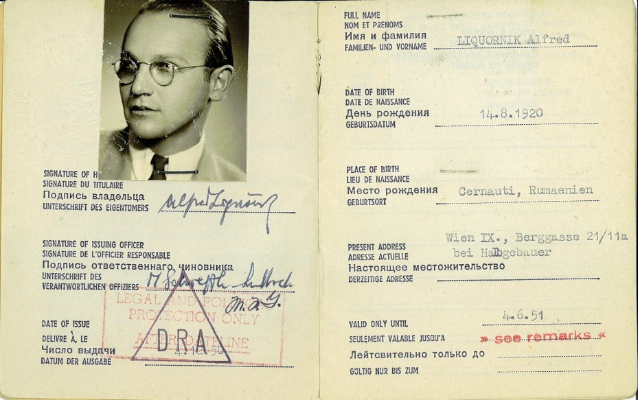 Inside pages of Gong's International Refugee Organization Austria identification booklet. It includes a photograph, his signature, date of birth, place of birth, present address, and expiration date. Booklet is in English, French, Russian, and German.