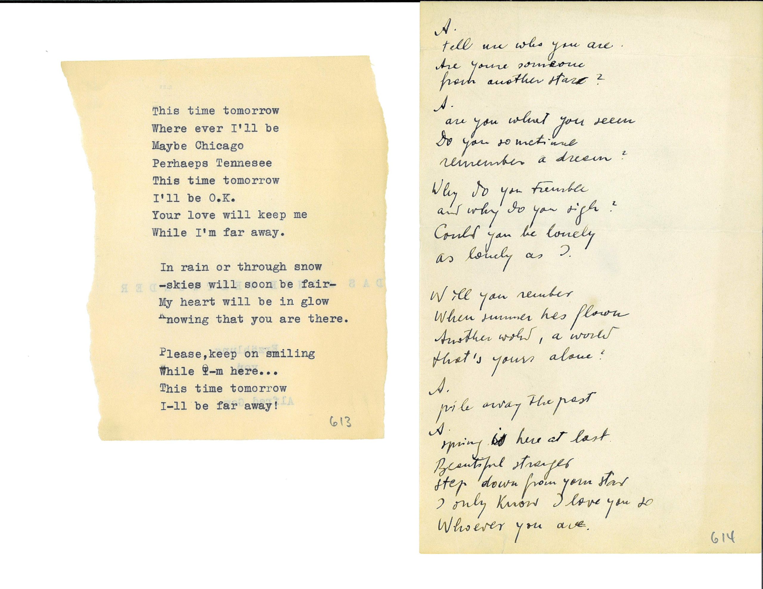 Scans of two peoms written in English by Gong. Neither are dated nor titled. One is typed and one is handwritten. Both are about love.
