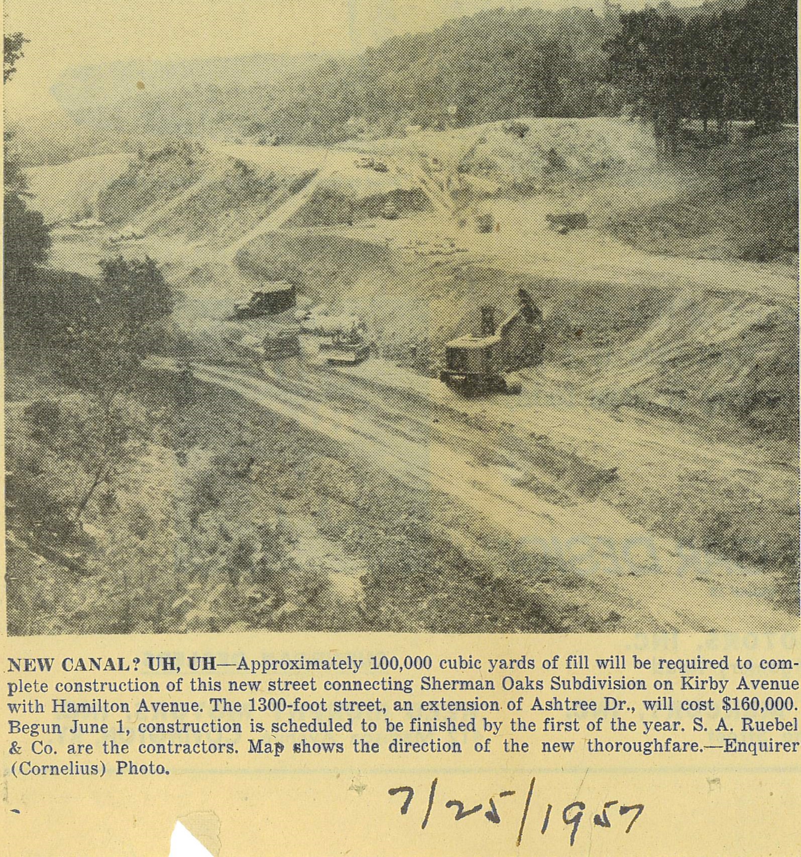 Newspaper clipping of the S.A. Ruebel & Co. at work clearing the way to build a road connecting Sherman Oaks to Kirby Avenue with Hamilton Avenue.